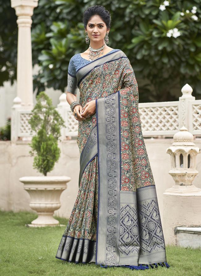 Kanjivaram Silk Blue Festival Wear Floral Print Saree